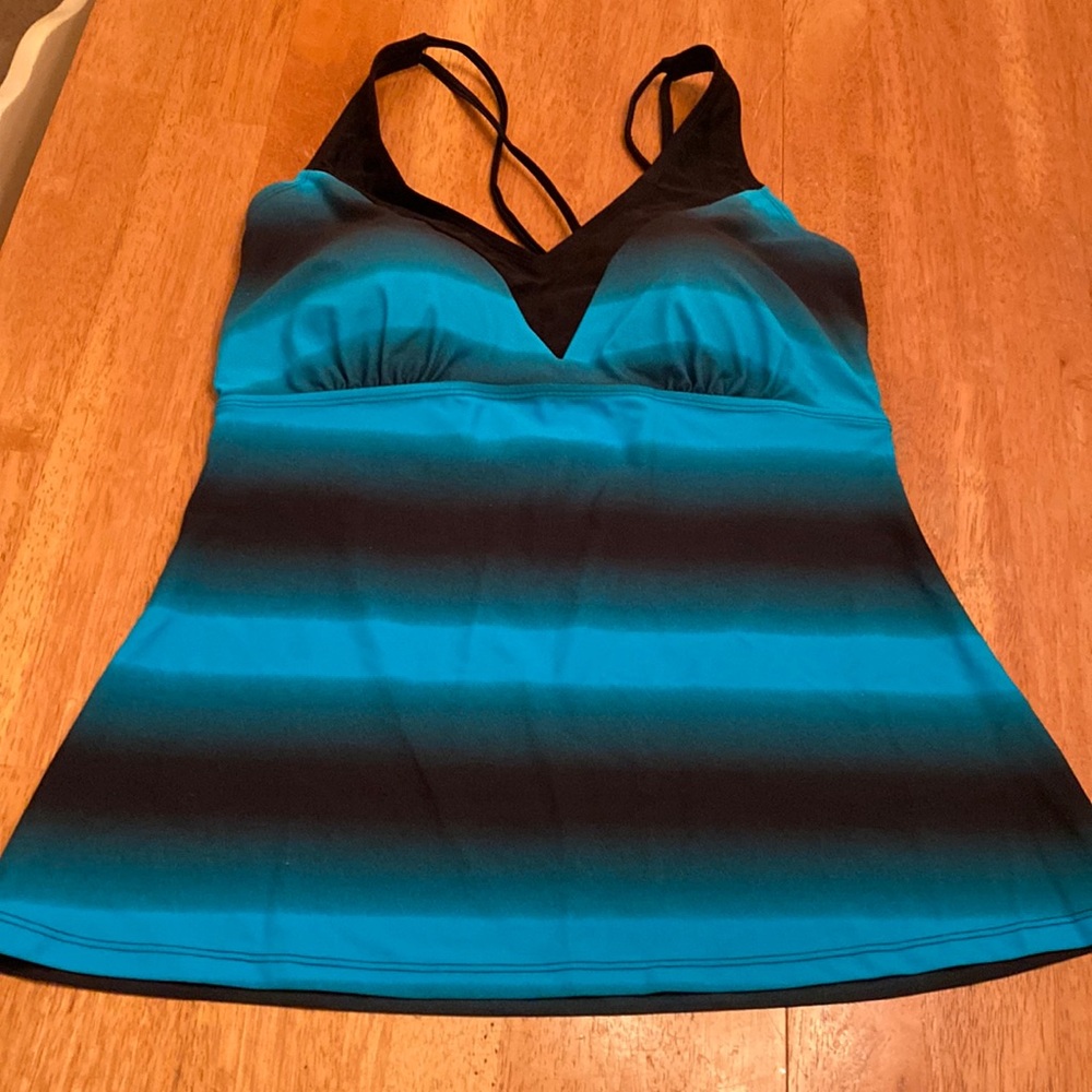 Halter turquoise blue and black designed swim top very nice new size large